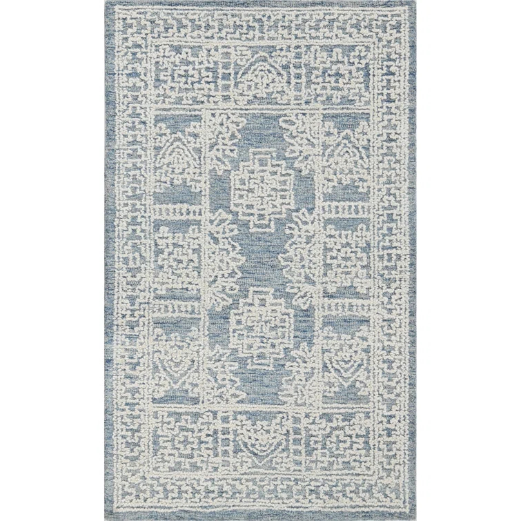 Hardanger Oriental Hand Tufted Wool Area Rug in Denim/White