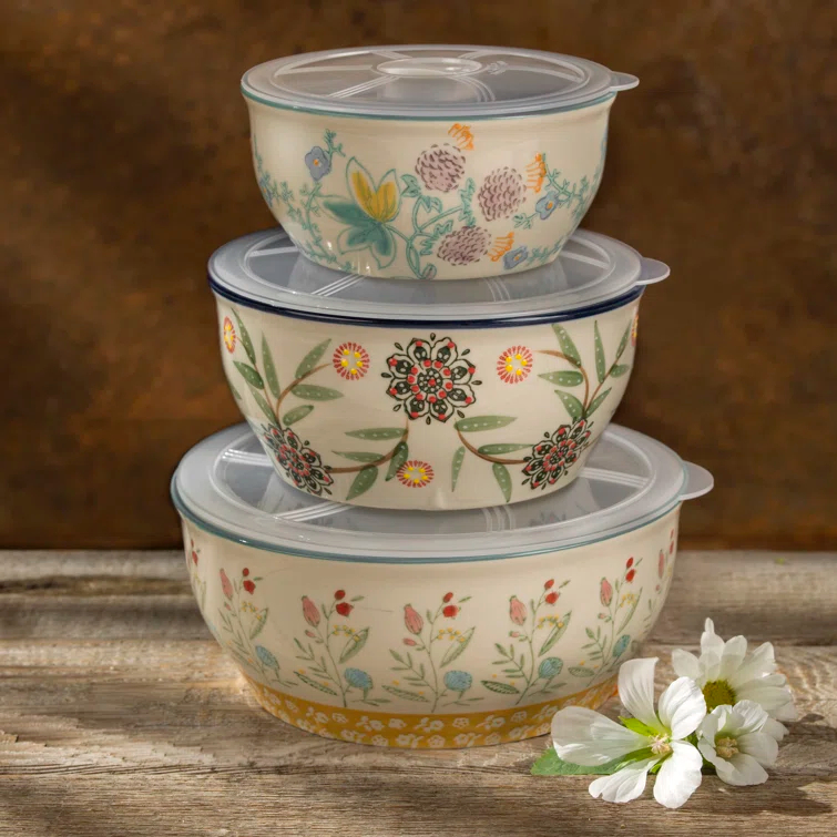 Ella 3 Piece Stoneware Storage Bowls Set with Lids