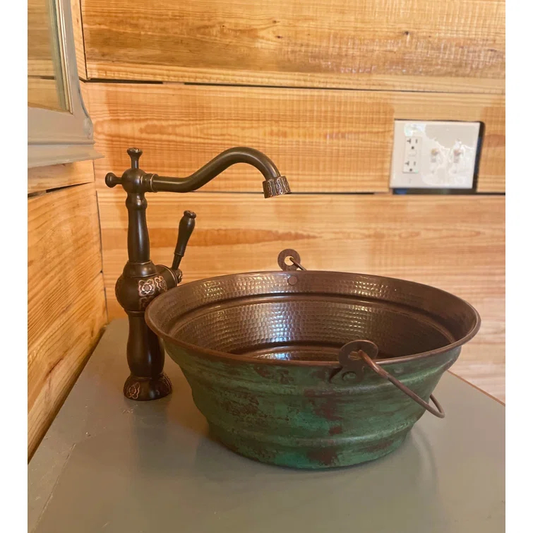 15" Round Copper Vessel Bath Sink Bucket with Green Patina Exterior, Drain Included