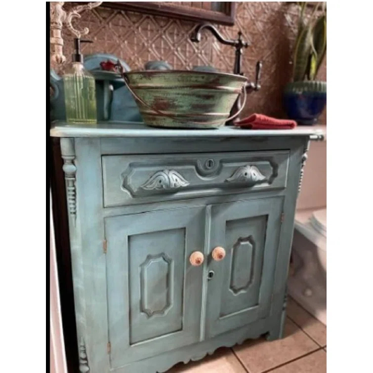 15" Round Copper Vessel Bath Sink Bucket with Green Patina Exterior, Drain Included