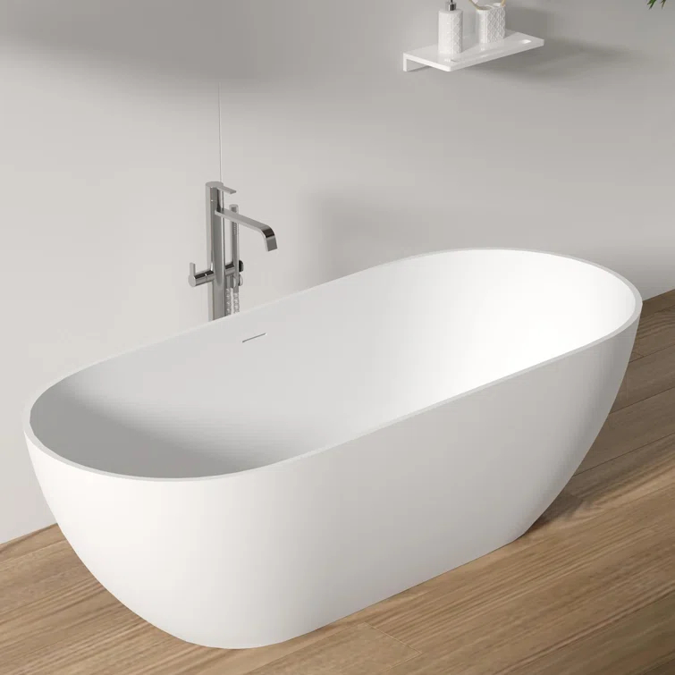 69'' x 29.5'' Freestanding Soaking Solid Surface Bathtub in White Finish with Drain