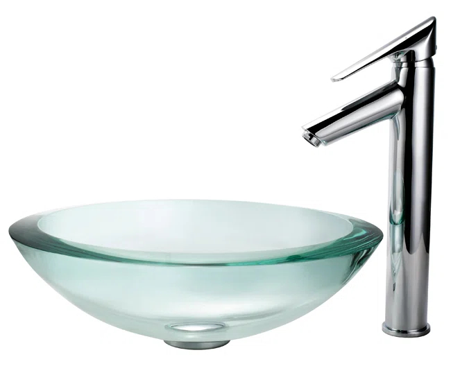KRAUS 34 mm Clear Glass Vessel Sink with Pop-Up Drain and Mounting Ring