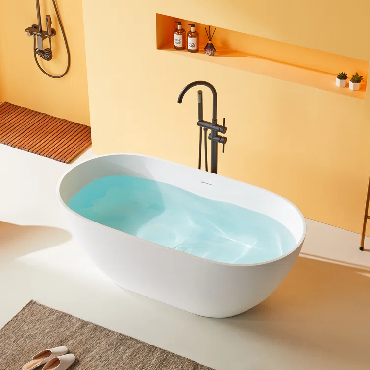 69'' x 29.5'' Freestanding Soaking Solid Surface Bathtub in White Finish with Drain