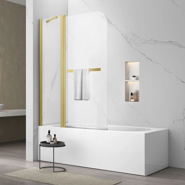 43" W x 58" H Frameless Glass Hinged Bathtub Shower Door with Clear Tempered Glass