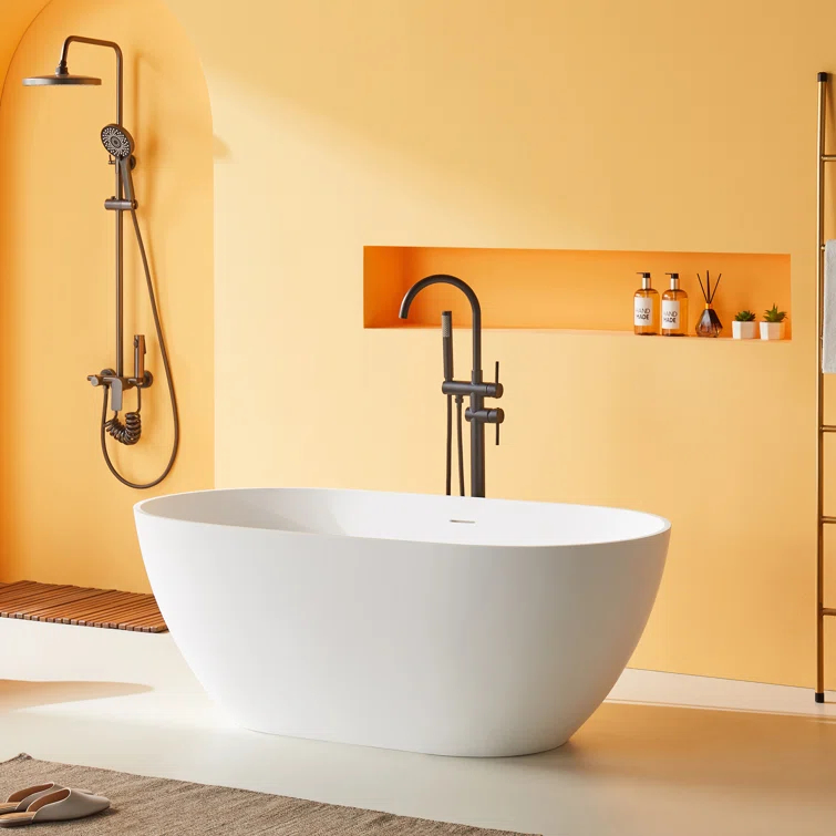 69'' x 29.5'' Freestanding Soaking Solid Surface Bathtub in White Finish with Drain