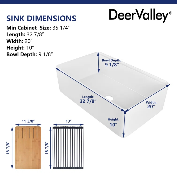 DeerValley 33" L X 20" W Single Basin Workstation Farmhouse Kitchen Sink With Sink Grid, Cutting Board And Dish-Drying Rack