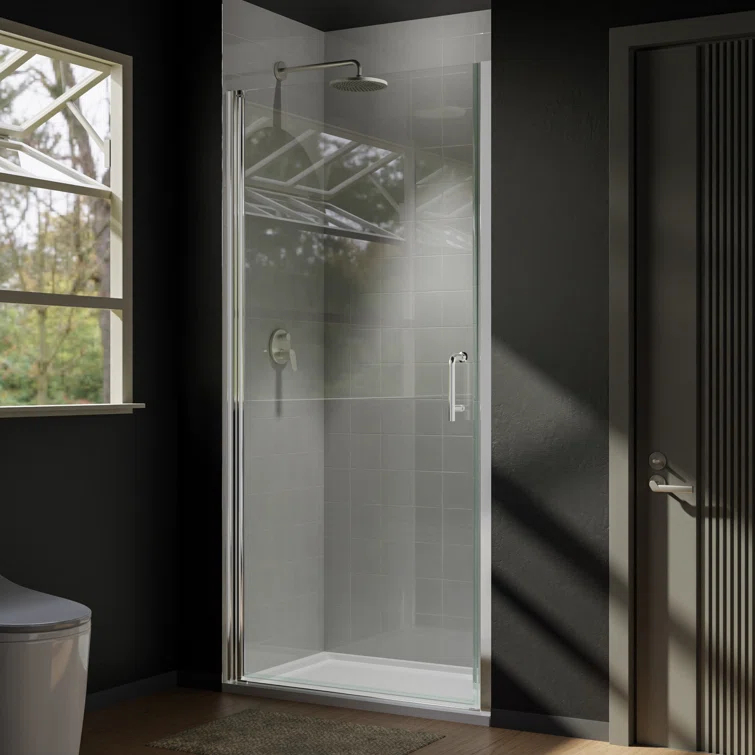 37-3/8 In Semi-Frameless Pivot Shower Door in Chrome With Clear Glass