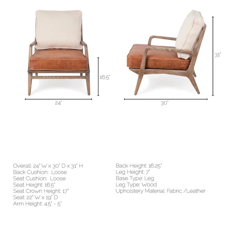 Merana Harman II Cream Fabric and Brown Leather Seat Accent Chair