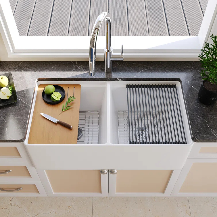 DeerValley 33" L X 20" W Double Basin Workstation Farmhouse Kitchen Sink With Sink Grid, Cutting Board And Dish-Drying Rack