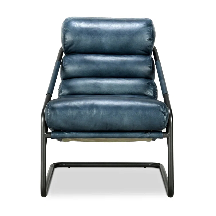 Handcrafted Blue Leather Barrel Accent Chair with Metal Frame