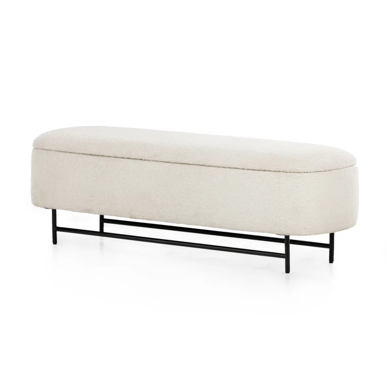 Contemporary White Upholstered Storage Bench with Iron Frame