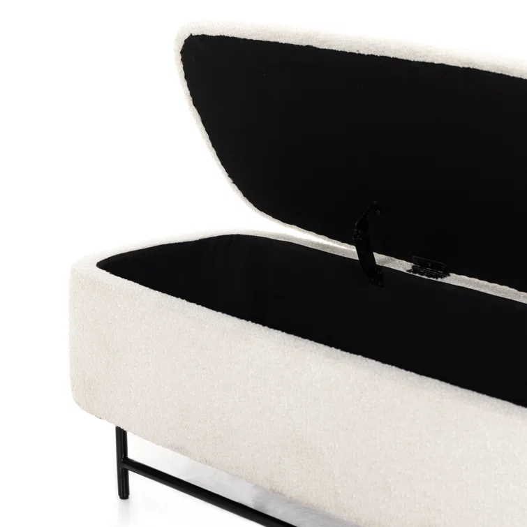 Contemporary White Upholstered Storage Bench with Iron Frame