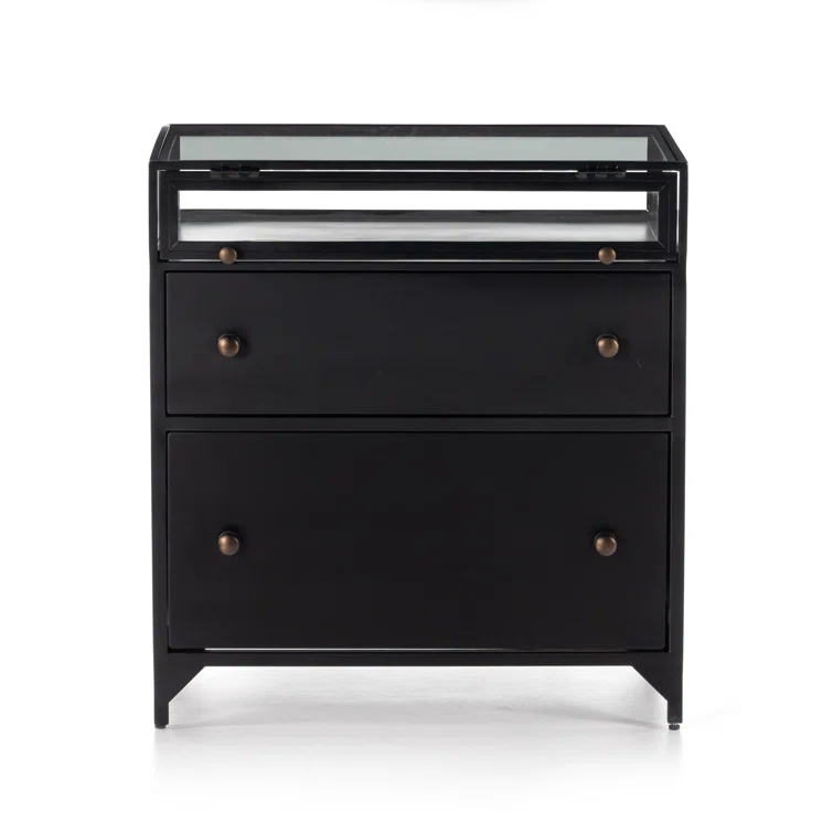 Belmont Matte Black Iron 2-Drawer Nightstand with Glass Enclosure