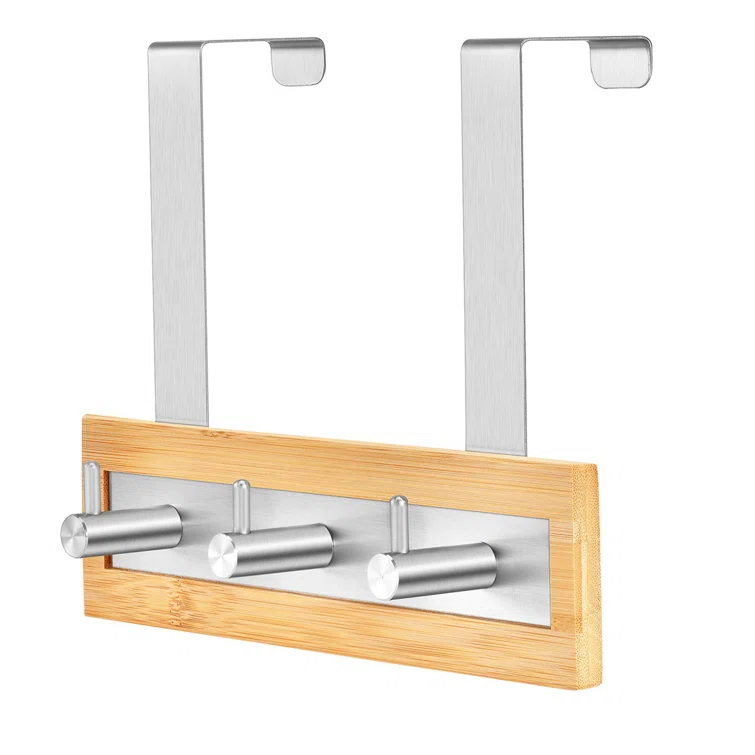 ToiletTree Products Bamboo and Stainless Steel Over-the-Door Hooks - 3 Hook Towel Rack for Bathroom, Utility, and Closet Organization