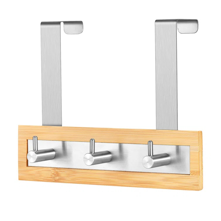 ToiletTree Products Bamboo and Stainless Steel Over-the-Door Hooks - 3 Hook Towel Rack for Bathroom, Utility, and Closet Organization