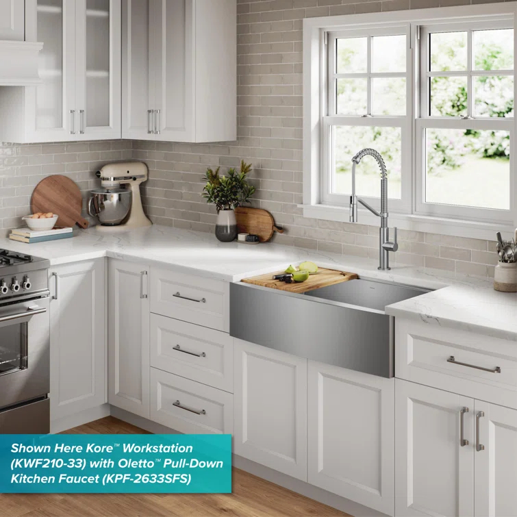KRAUS Kore™ 24" L Farmhouse Apron Front Workstation 16 Gauge Stainless Steel Single Bowl Kitchen Sink with Accessories