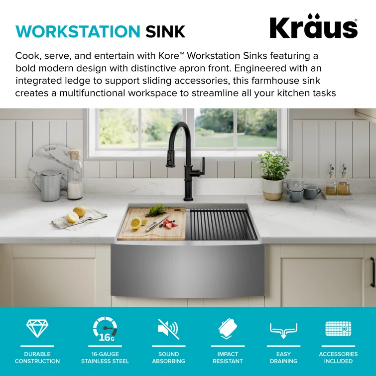 KRAUS Kore™ 24" L Farmhouse Apron Front Workstation 16 Gauge Stainless Steel Single Bowl Kitchen Sink with Accessories