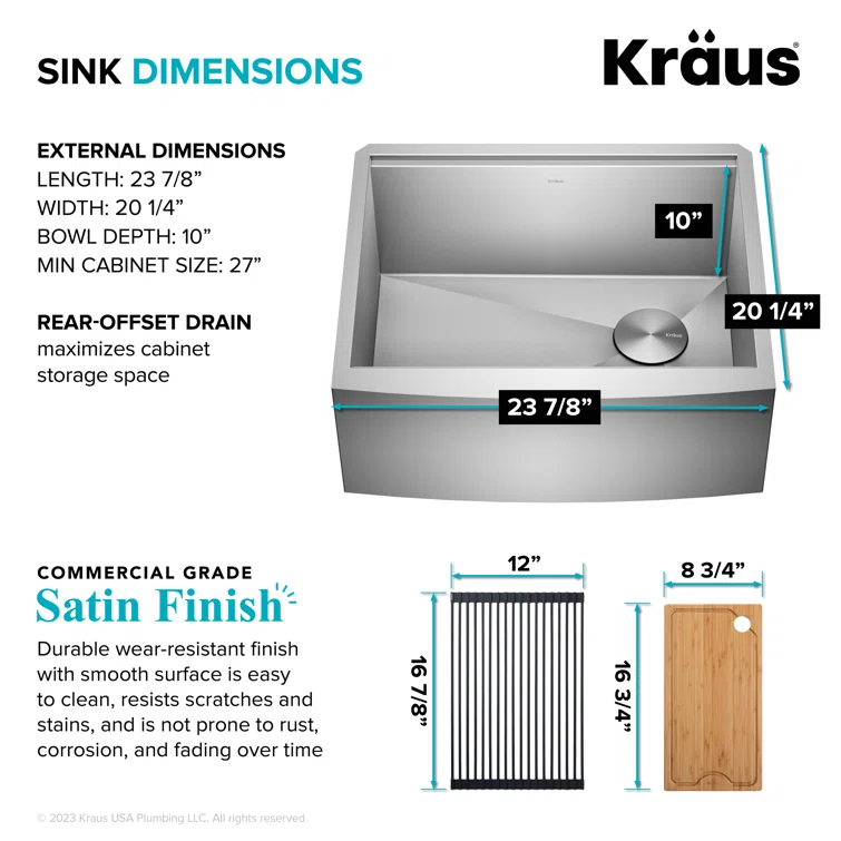 KRAUS Kore™ 24" L Farmhouse Apron Front Workstation 16 Gauge Stainless Steel Single Bowl Kitchen Sink with Accessories