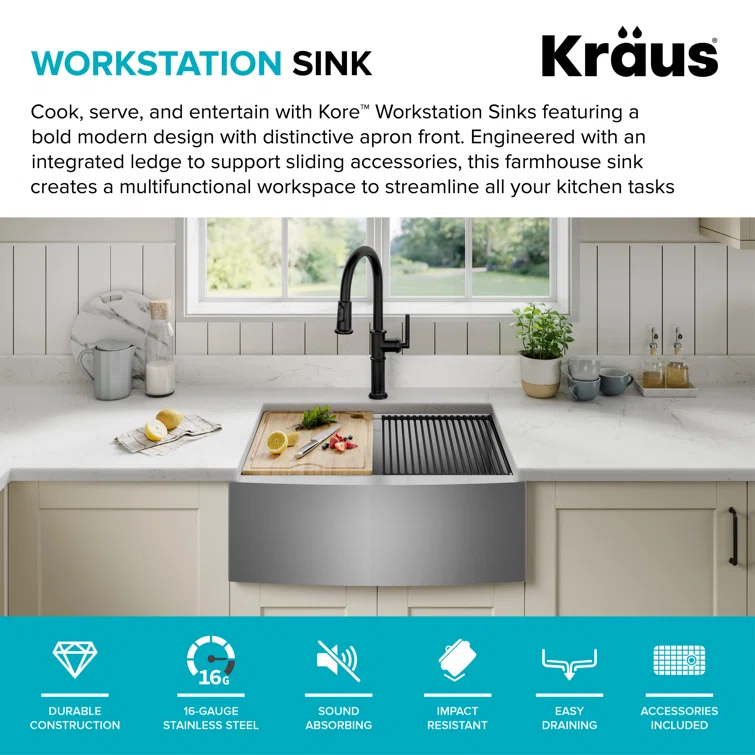 KRAUS Kore™ 27" L Farmhouse Apron Front Workstation 16 Gauge Stainless Steel Single Bowl Kitchen Sink with Accessories