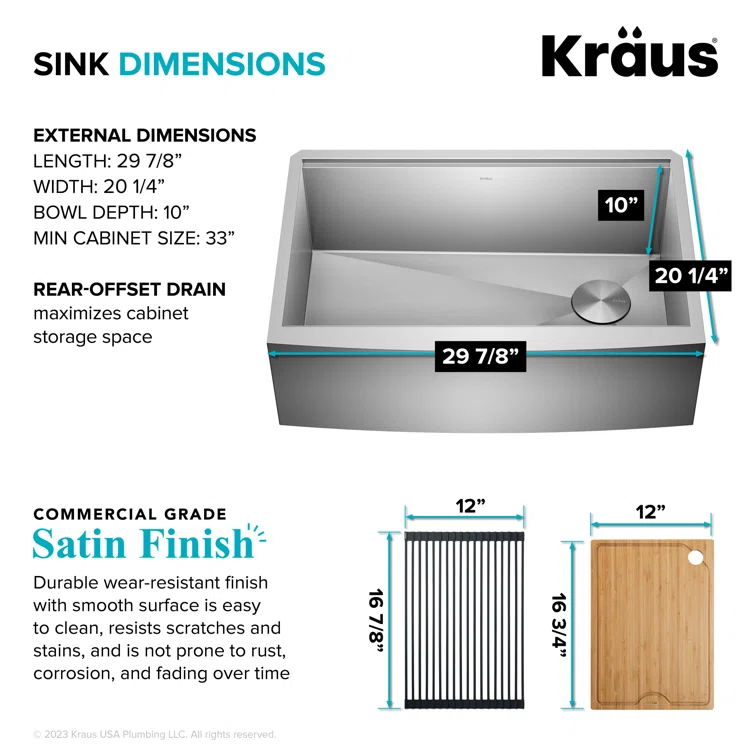 KRAUS Kore™ Workstation 30-inch L 16 Gauge Stainless Steel Single Bowl Farmhouse Kitchen Sink with Accessories