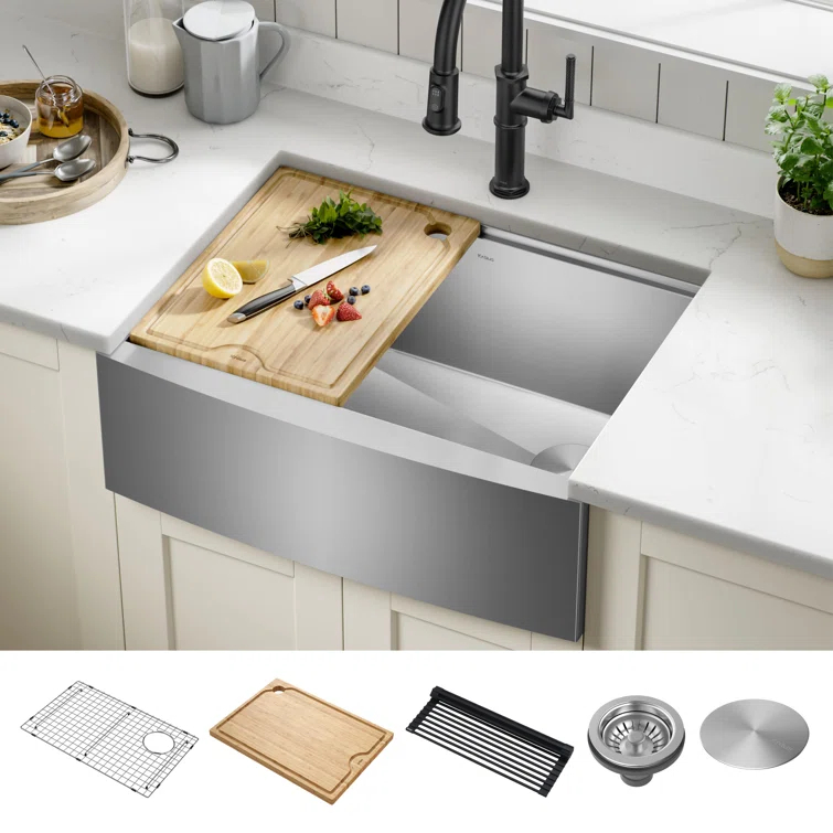 KRAUS Kore™ 27" L Farmhouse Apron Front Workstation 16 Gauge Stainless Steel Single Bowl Kitchen Sink with Accessories