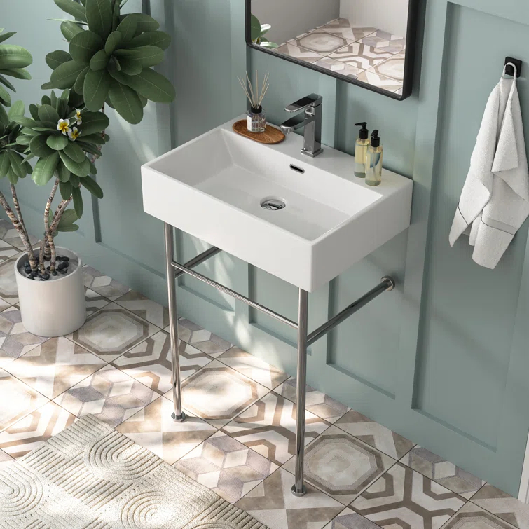 Ceramic White Rectangular Single Faucet Hole 24 in Console Bathroom Sink with Overflow