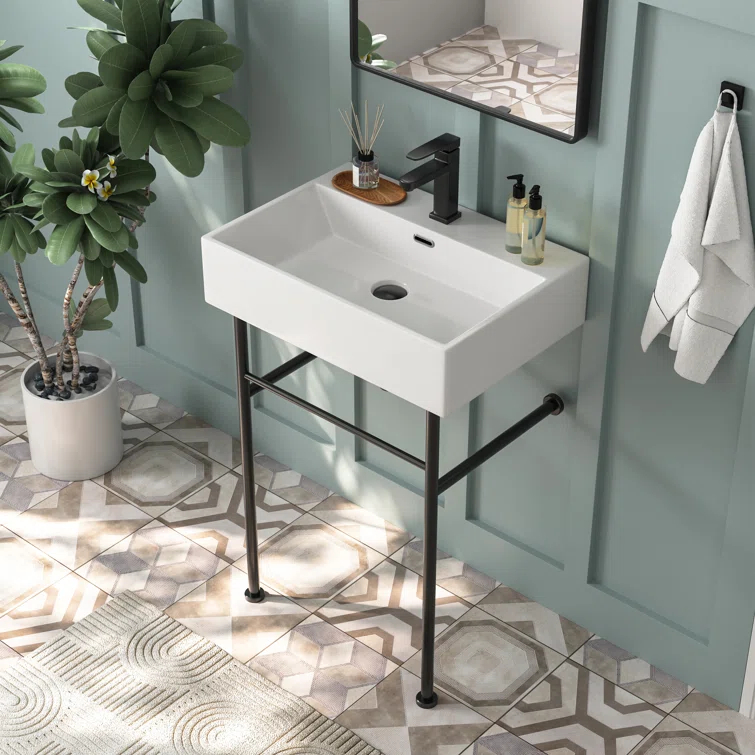 Ceramic White Rectangular Single Faucet Hole 24 in Console Bathroom Sink with Overflow