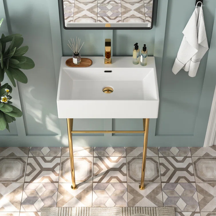 Ceramic White Rectangular Single Faucet Hole 24 in Console Bathroom Sink with Overflow