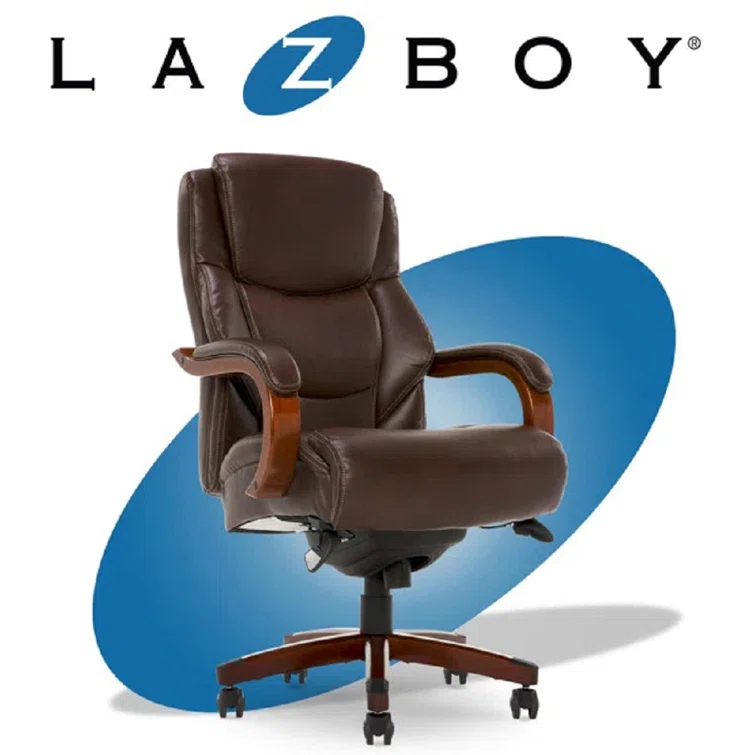 La-Z-Boy La-Z-Boy Delano Big & Tall Executive Office Chair, Ergonomic Mid-Back with Body Pillow Lumbar Support, ComfortCore® with Memory Foam Cushion, Mahogany Wood Arms and Swivel Base, Bonded Leather