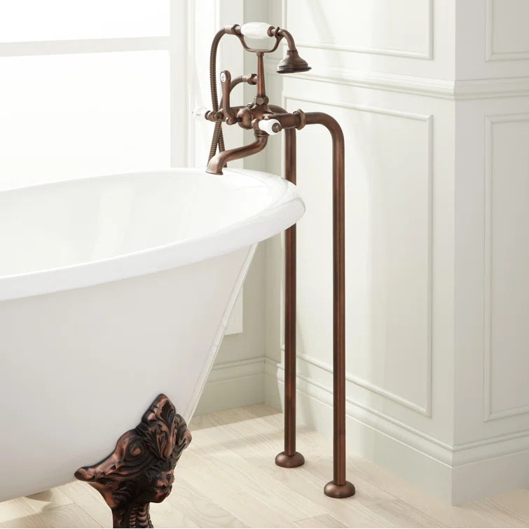 Telephone Style Floor Mounted Tub Faucet with Porcelain Lever Handles