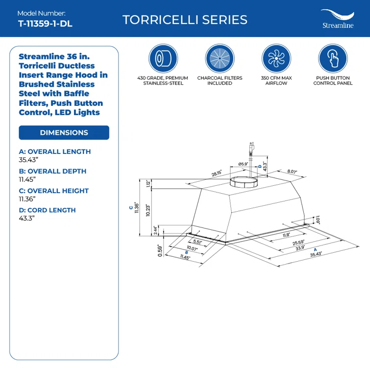 Streamline Torricelli 36" 350 Cubic Feet Per Minute Ductless Insert Range Hood with Baffle Filter and Light Included