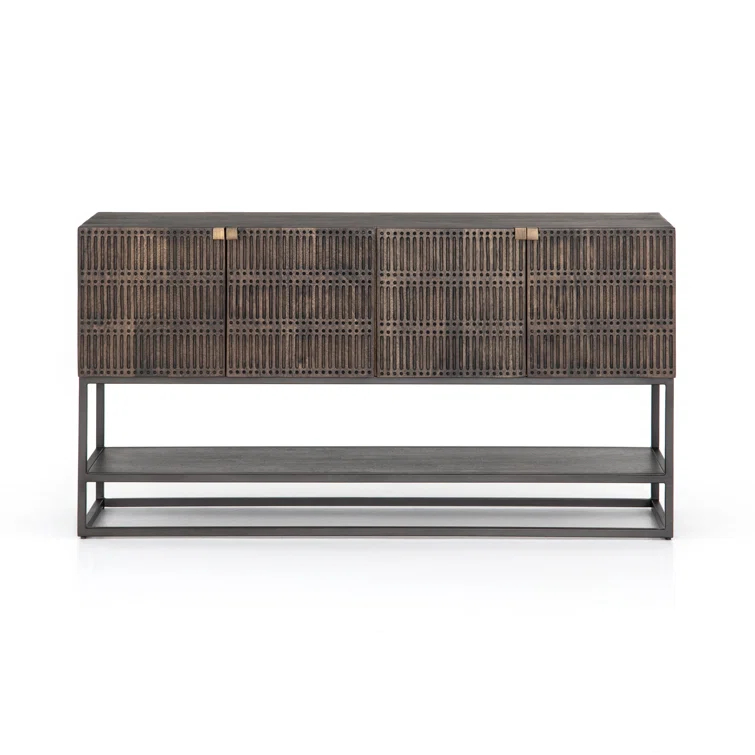 Contemporary Black and Gold Media Console with Carved Storage