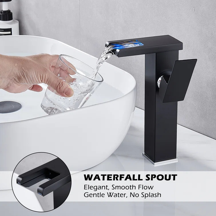 Single Hole Faucet Single-handle LED Bathroom Vessel Sink Faucet with Drain Assembly