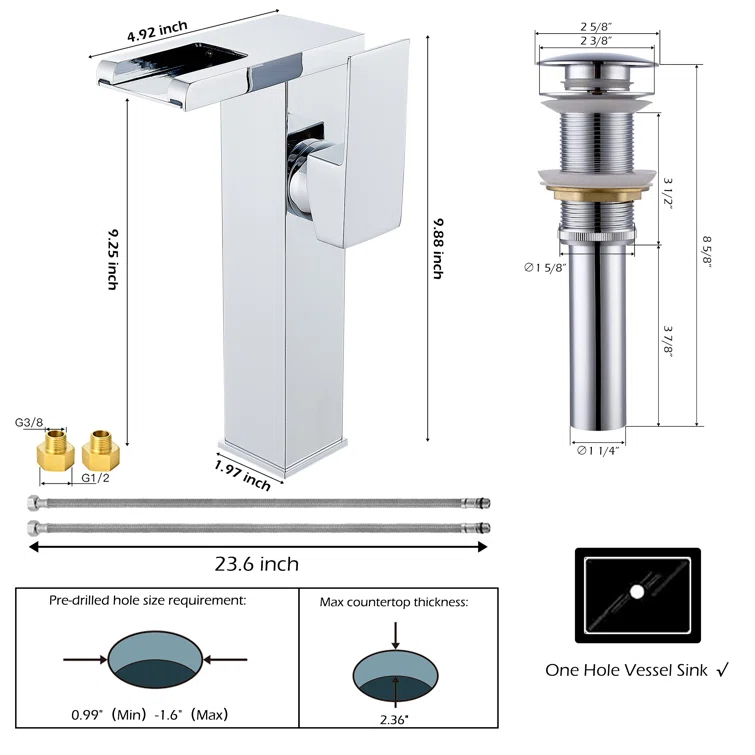 YCCUZA Y217H-C Single Hole Faucet Single-handle LED Bathroom Vessel Sink Faucet with Drain Assembly