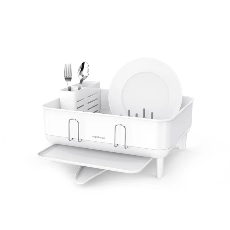 simplehuman Compact Kitchen Dish Drying Rack with Swivel Spout, Fingerprint-Proof Stainless Steel Frame