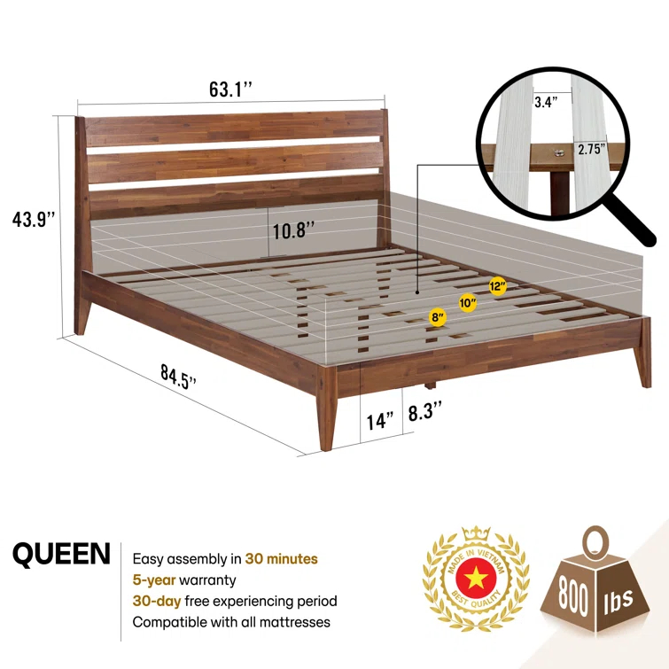 Acacia Premium Emery Solid Wood Platform Bed Frame with Headboard, King size Bed Frame and Headboard, Noise-Free, No Box Spring Needed