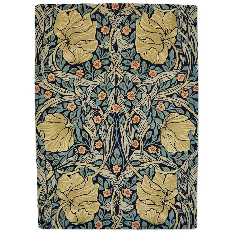 Handmade Blue Floral Wool and Viscose Rectangular Rug
