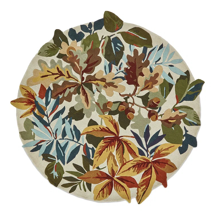 Handmade Round Floral Wool Rug with Non-slip Backing
