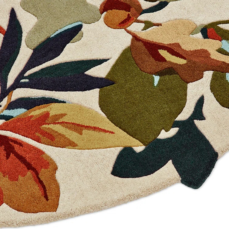Handmade Round Floral Wool Rug with Non-slip Backing