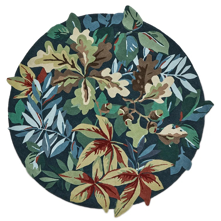 Handmade Round Blue Floral Wool Area Rug Ø 6'6"