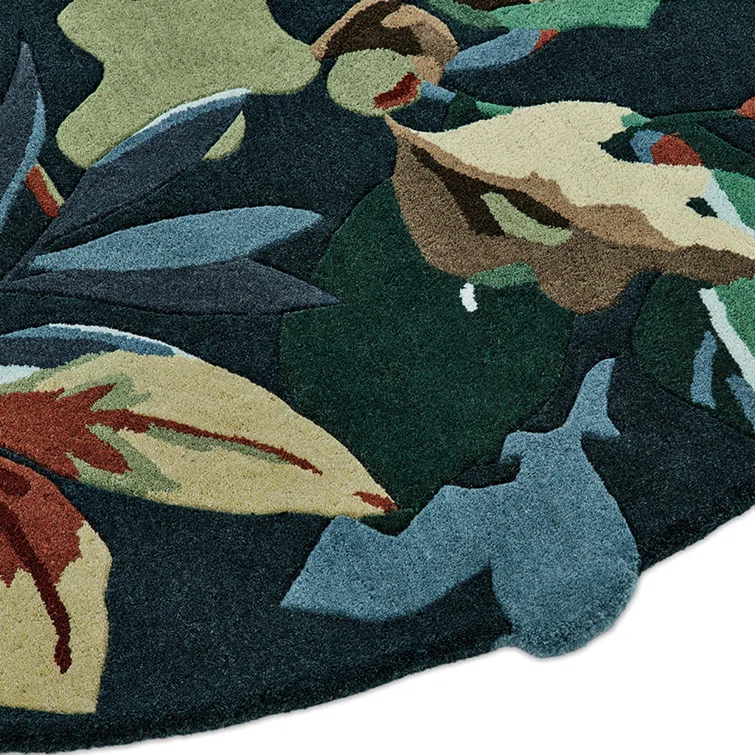 Handmade Round Blue Floral Wool Area Rug Ø 6'6"