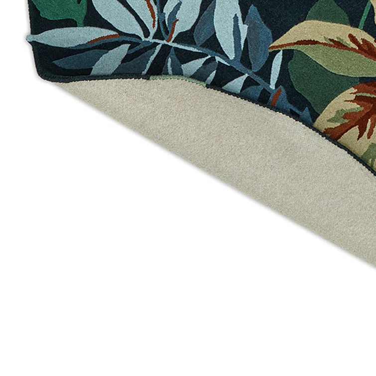 Handmade Round Blue Floral Wool Area Rug Ø 6'6"