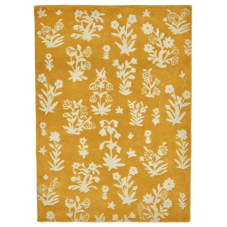 Handmade Gold Floral Wool Rectangular Area Rug 4'6" x 6'6"