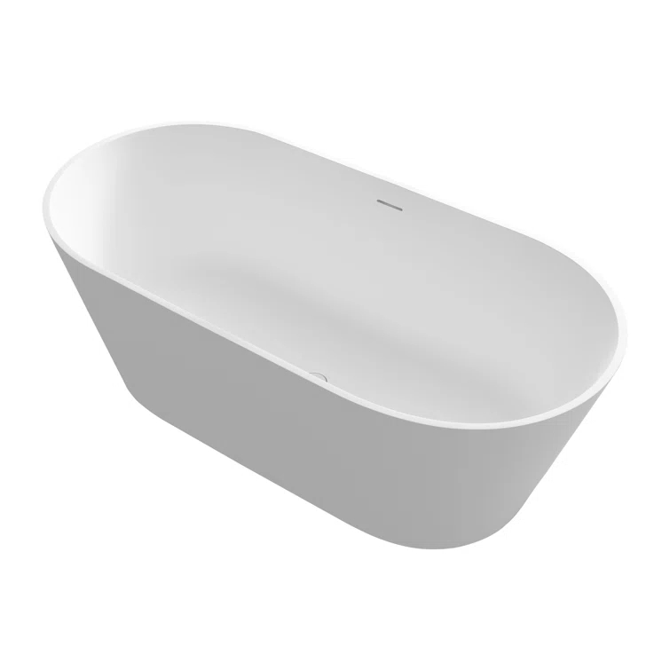 63 x 29.5 Freestanding Bathtub, Oval Shaped Stone Resin Freestanding Tubs, Solid Surface Matte White Soaking Tub with Overflow and Pop-up Drain