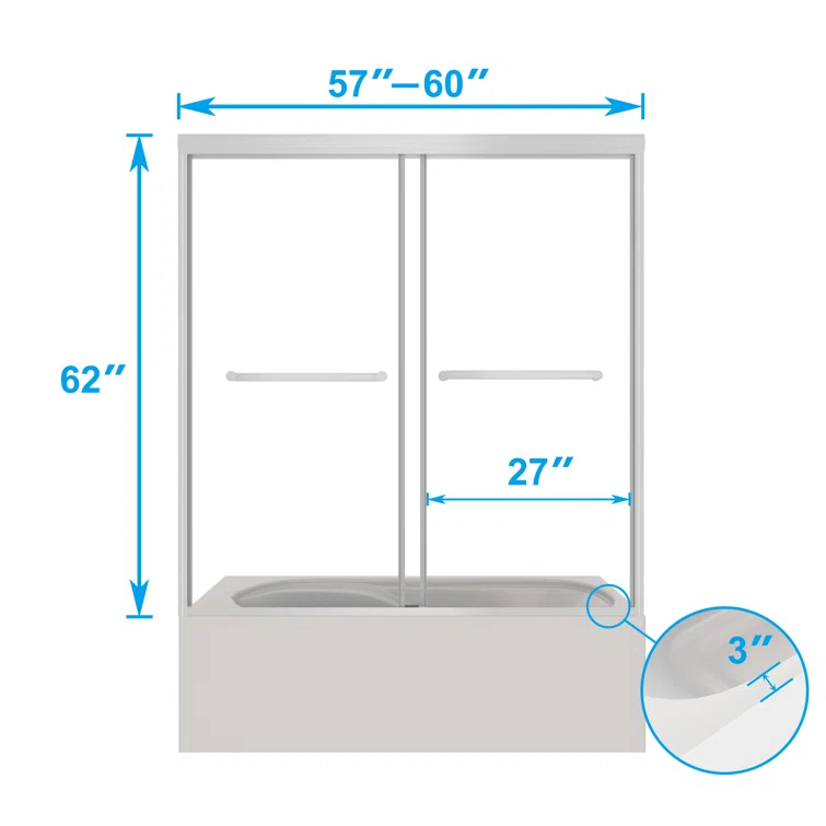 Jraty 57-60'' W x 62'' H Double Sliding Tub Door with Clear Tempered Glass
