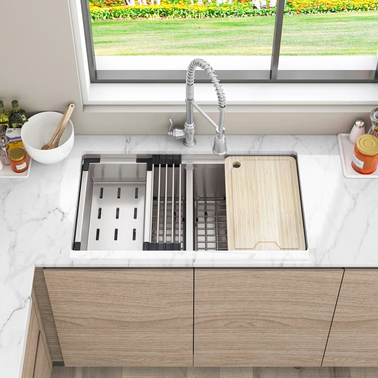 Sinber 33" Undermount Double Bowl Workstation Kitchen Sink with 304 Stainless Steel
