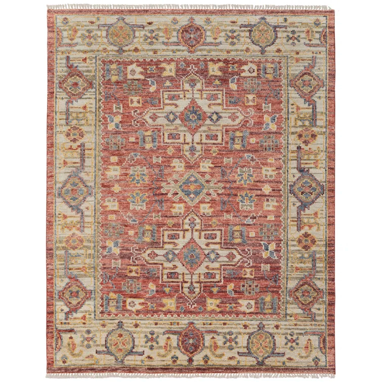 Red and Ivory Hand-Knotted Wool 9' x 12' Area Rug