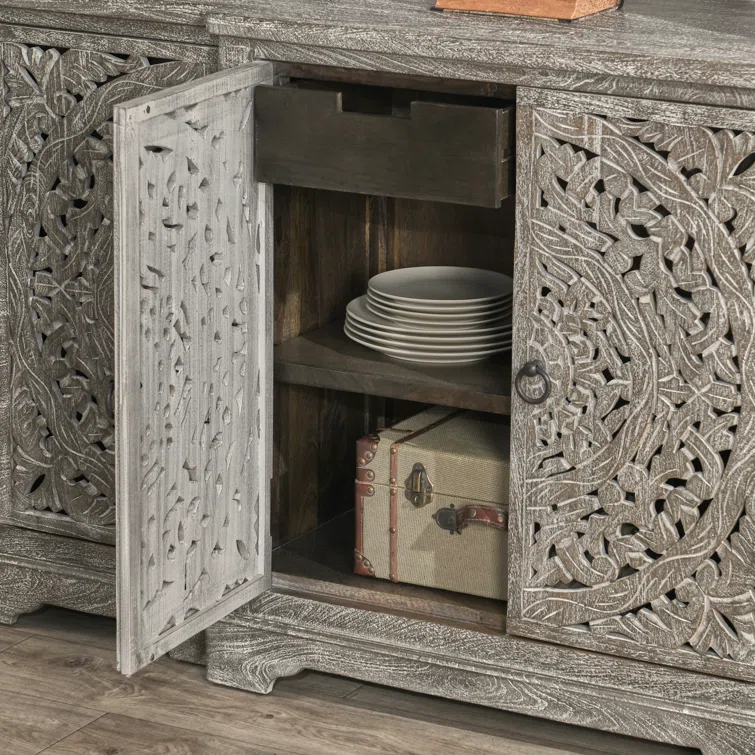 Harmony Grand Gray Mango Wood 72'' Floral Carved Sideboard