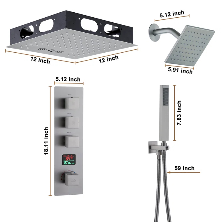 Rainfall Symphony 12" Flush Mount Rainfall Temperature Display Thermostatic Shower System with 64 Color LED and Music