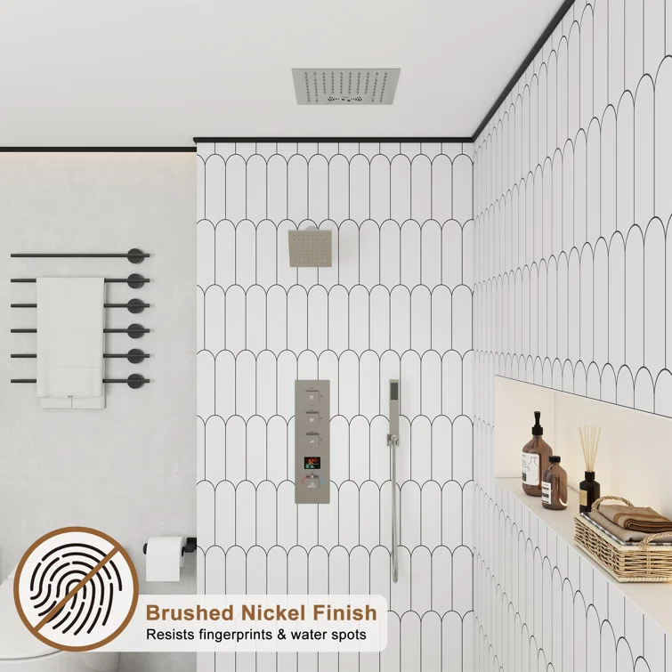 Rainfall Symphony 12" Flush Mount Rainfall Temperature Display Thermostatic Shower System with 64 Color LED and Music